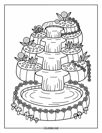 Coloriage de cascade pour adultes : Des cascades fleuries dévalent en volutes de douces falaises dans un étang paisible cerné de champignons