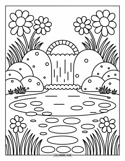 Coloriage de cascade pour adultes : De grandes fleurs et des feuilles tourbillonnantes encadrent un étang avec une cascade et un petit pont