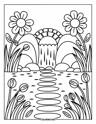 Coloriage de cascade pour adultes : Des pierres de gué longent de grandes fleurs et une douce cascade vers un petit pont en arche