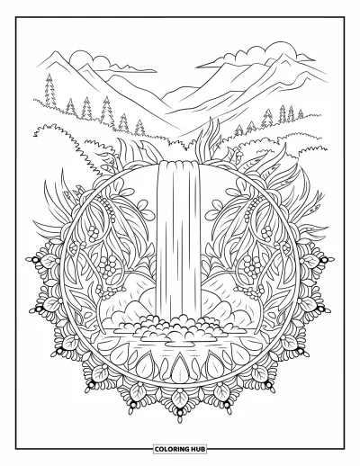 Coloriage de cascade pour adultes : Une grande cascade coule à travers un anneau de mandala composé de feuilles, de fleurs et de lianes sinueuses