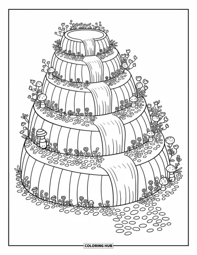 Coloriage de cascade pour adultes : Trois douces cascades descendent des falaises fleuries dans un bassin avec des champignons et des lianes