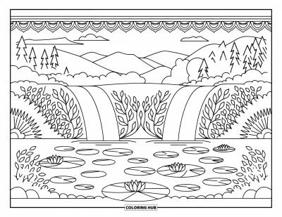 Coloriage de cascade pour adultes : Deux chutes se déversent dans un étang de nénuphars encadré de feuillage et d'un chemin de montagne panoramique