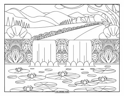 Coloriage de cascade pour adultes : Deux chutes jumelles tombent dans un bassin de nénuphars entouré d'arbres détaillés et de vues sur les montagnes
