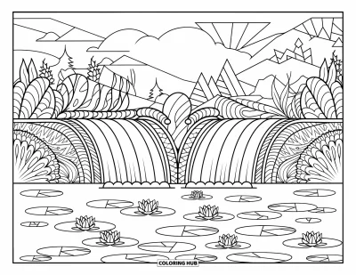Coloriage de cascade pour adultes : Deux cascades se déversent dans un étang tranquille avec des lis et des détails forestiers ornés tout autour