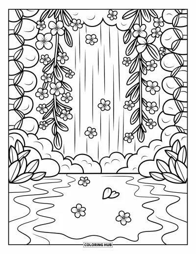 Coloriage de cascade pour adultes : L'eau tombe derrière des lianes en fleurs et fait flotter des pétales vers un rivage en festons