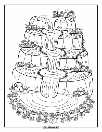 Coloriage de cascade pour adultes : L'eau descend des terrasses fleuries avec des lianes, des champignons et des chemins de galets bouclés