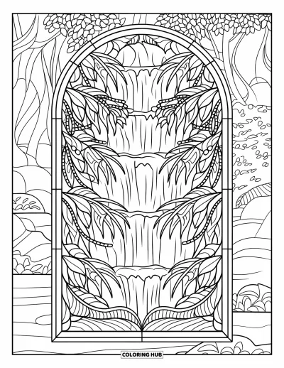 Coloriage de cascade pour adultes : L'eau coule à travers des lianes de jungle dans un arc décoratif style vitrail