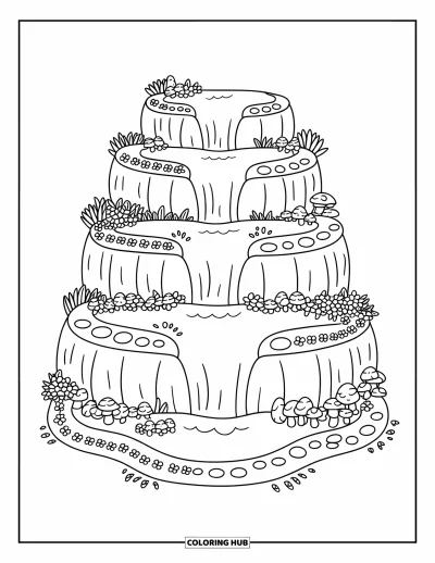 Coloriage de cascade pour adultes : L'eau dégringole de terrasses fleuries dans un bassin orné de champignons et de lianes en spirale