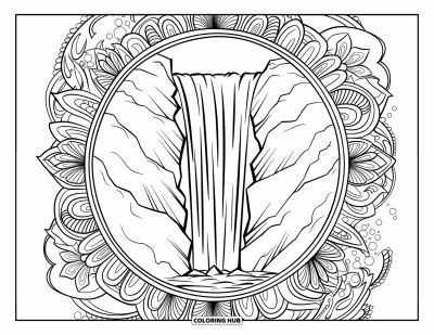 Coloriage de cascade pour adultes : Une cascade coule entre des falaises rocheuses encadrées de motifs de mandala floral tourbillonnants