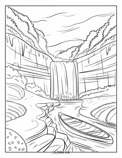 Coloriage de cascade pour enfants : Un canoë flotte près d'une falaise tandis qu'une cascade se déverse dans une vasque rocheuse
