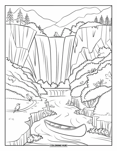 Coloriage de cascade pour enfants : Un canoë repose près d'une cascade de falaise entourée d'arbres et de sentiers sinueux