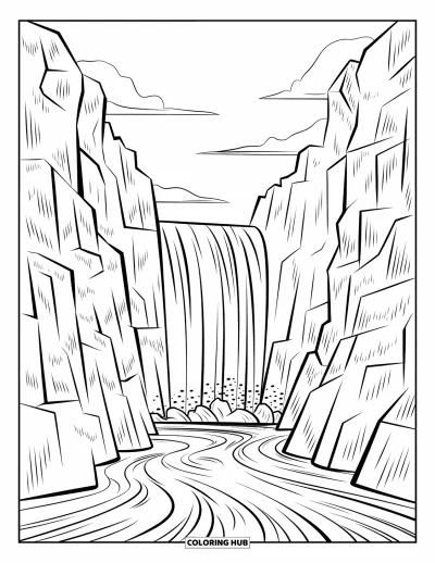 Coloriage de cascade pour enfants : Une cascade de canyon se précipite dans des eaux tourbillonnantes sous de hautes parois rocheuses