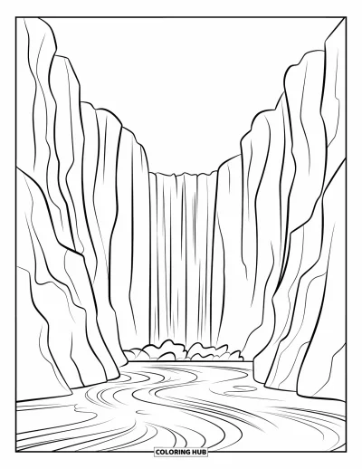 Coloriage de cascade pour enfants : Une cascade de canyon se jette dans des eaux tourbillonnantes entre de hautes falaises rocheuses