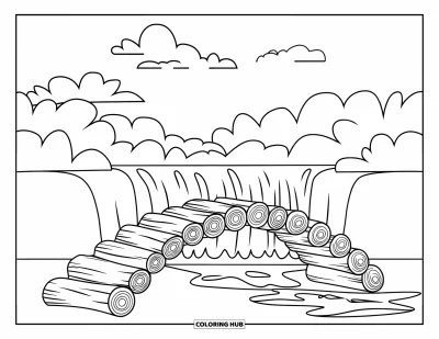 Coloriage de cascade pour enfants : Un pont de tronc massif enjambe une simple cascade avec des nuages qui flottent au-dessus