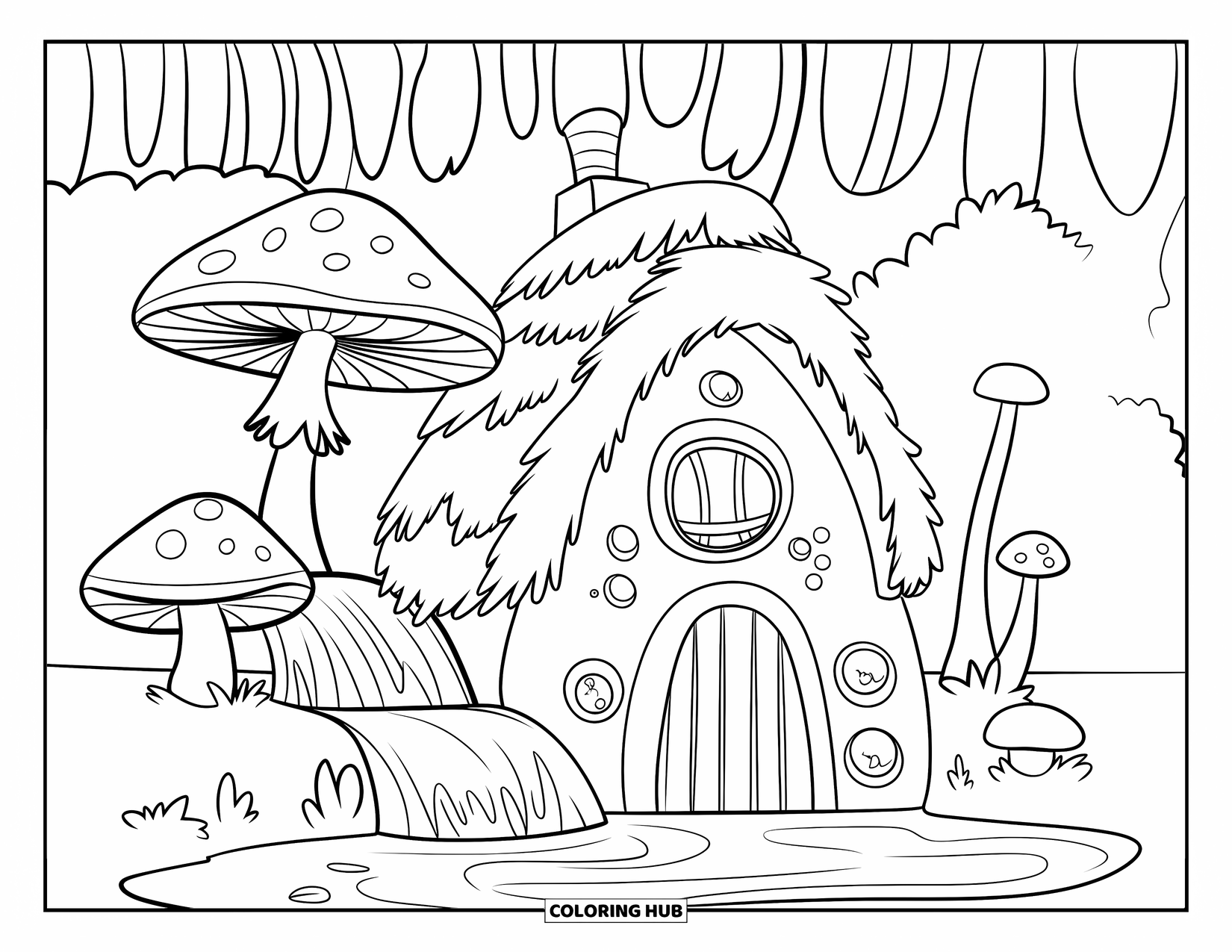 Waterfall Coloring Page for Kids: A cozy hut sits beside a tiny waterfall with three big mushrooms nearby