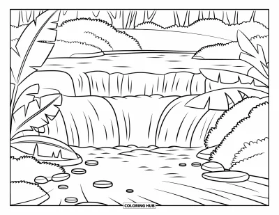 Coloriage de cascade pour enfants : Une cascade incurvée coule dans un ruisseau rocheux avec des feuilles tropicales tout autour