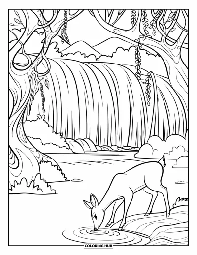 Coloriage de cascade pour enfants : Un cerf s'abreuve près d'une cascade forestière avec des arbres courbés et des lianes suspendues