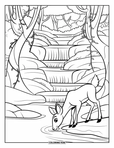Coloriage de cascade pour enfants : Un cerf se tient près d'une cascade forestière entourée d'arbres courbés, de lianes et de rochers