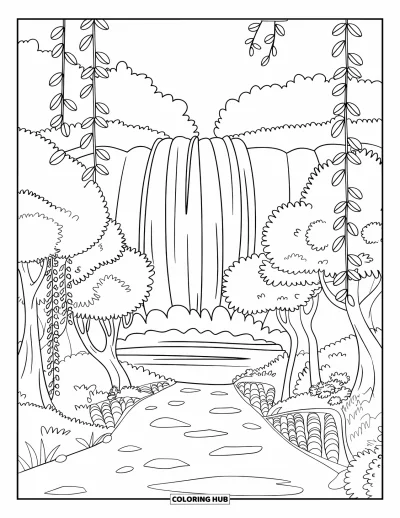 Coloriage de cascade pour enfants : Un sentier forestier serpente entre des arbres et des lianes jusqu'à une grande cascade féerique