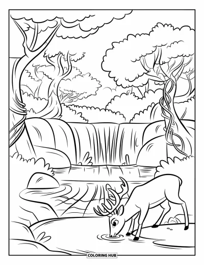 Coloriage de cascade pour enfants : Un cerf gracieux boit près d'une cascade rocheuse entourée d'arbres torsadés et de grandes feuilles