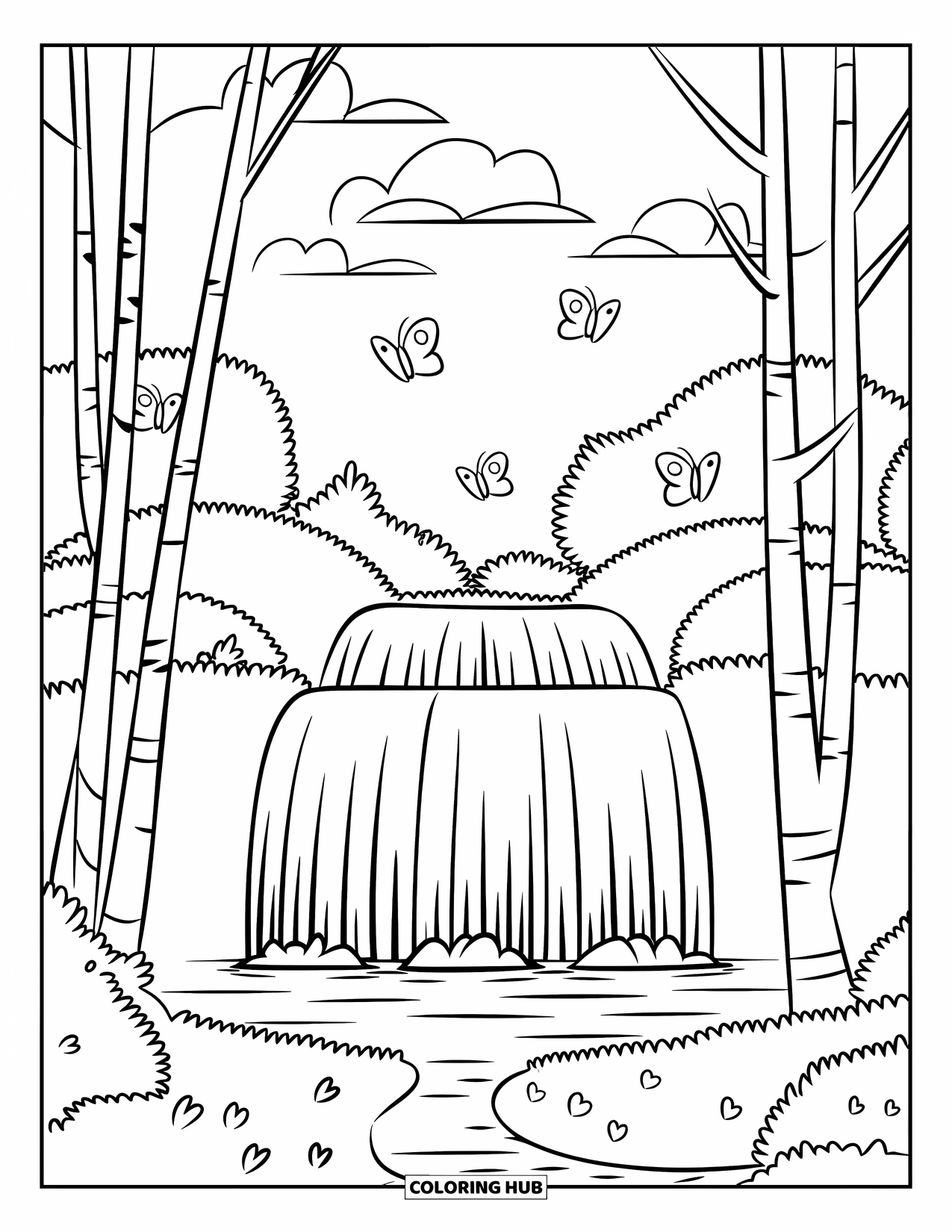 Waterfall Coloring Page for Kids: A gentle waterfall flows among birch trees as butterflies float in the sky