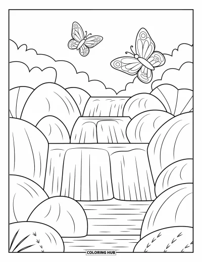 Coloriage de cascade pour enfants : Une douce cascade se répand sur des rochers tandis que des papillons voltigent au-dessus
