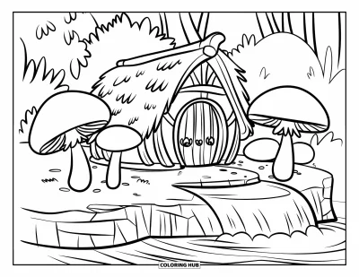 Coloriage de cascade pour enfants : Une maisonnette et une cascade se reposent en forêt, entourées de grands champignons