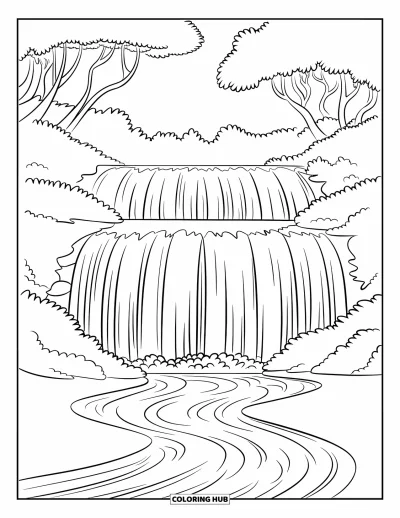 Coloriage de cascade pour enfants : Une cascade à plusieurs niveaux se précipite dans une rivière sinueuse avec des arbres au-dessus du courant