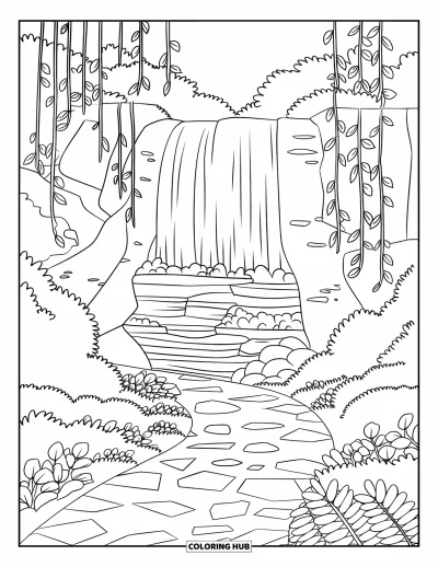 Coloriage de cascade pour enfants : Un sentier forestier mène à une majestueuse cascade ornée de lianes suspendues