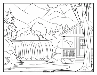Coloriage de cascade pour enfants : Une cascade sereine coule près d'un chalet douillet entouré d'arbres et de montagnes