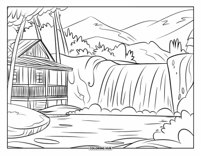 Coloriage de cascade pour enfants : Une cabane tranquille se trouve près d'une douce cascade avec des arbres et de la brume alentour