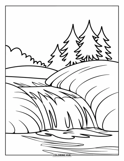 Coloriage de cascade pour enfants : Une petite cascade coule près de sapins sur une colline herbeuse et douce