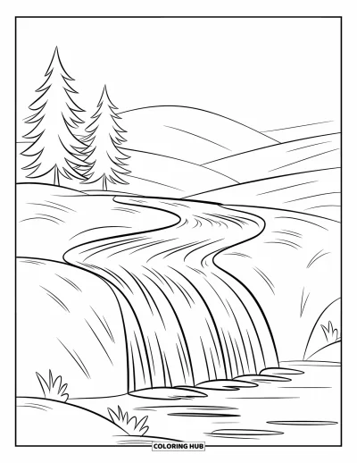 Coloriage de cascade pour enfants : Une petite cascade dégringole sur une douce colline près de quelques sapins