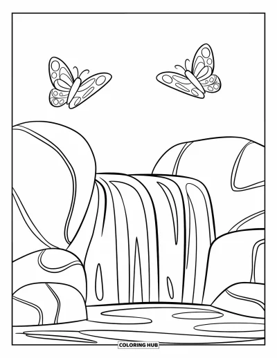 Coloriage de cascade pour enfants : Une simple cascade coule sur de grands rochers avec deux papillons qui volent au-dessus