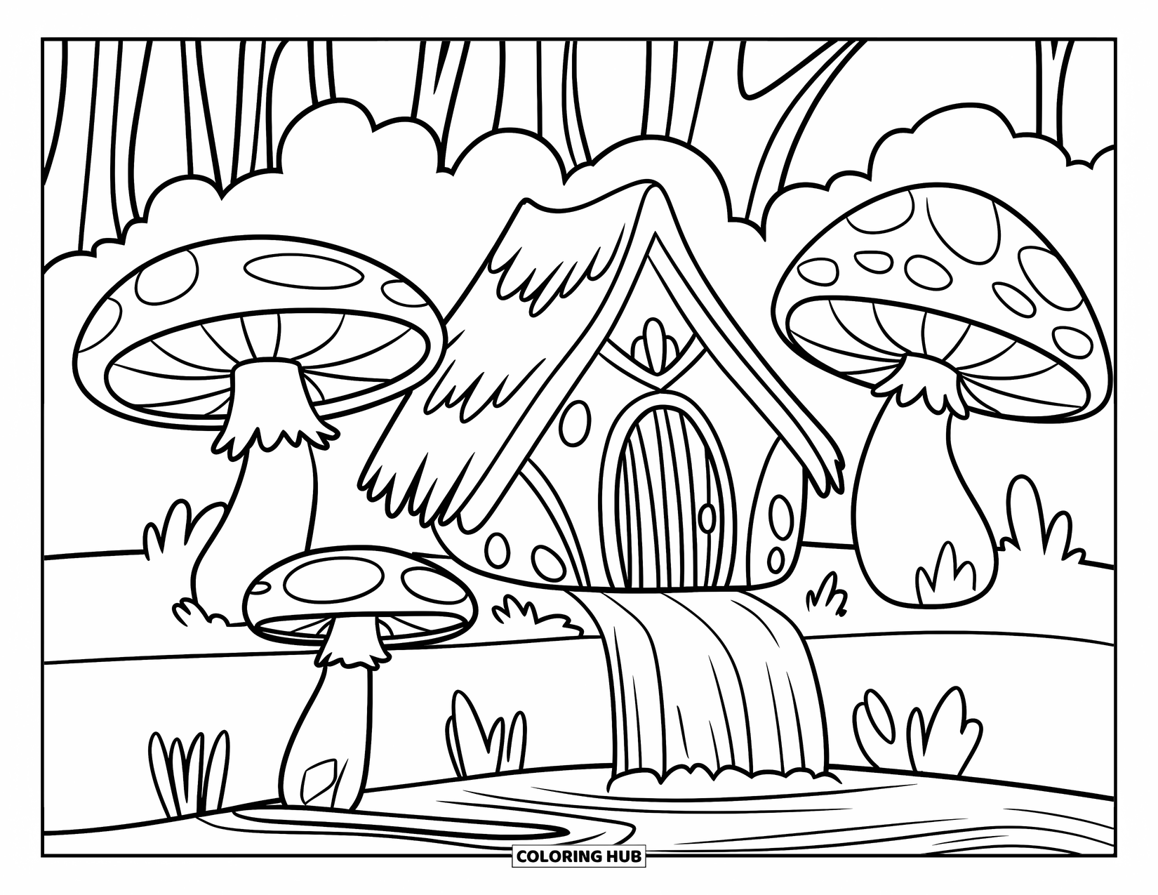 Waterfall Coloring Page for Kids: A small hut with mushrooms stands near a gentle waterfall in a leafy forest