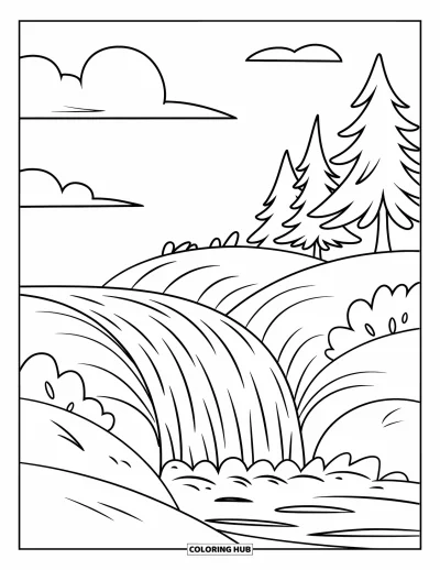 Coloriage de cascade pour enfants : Une petite cascade descend une colline près de quelques grands sapins