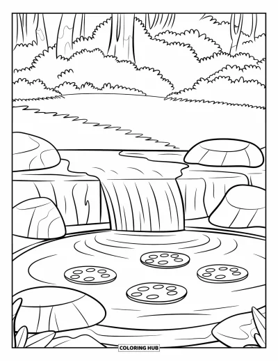 Coloriage de cascade pour enfants : Une petite cascade se déverse dans un bassin rond avec des rochers et des nénuphars