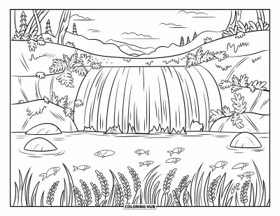 Coloriage de cascade pour enfants : Une cascade lisse se jette dans un bassin rocheux rempli de poissons et de verdure