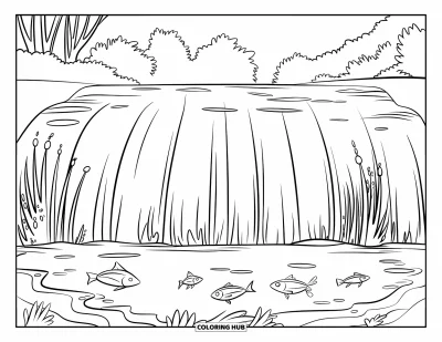 Coloriage de cascade pour enfants : Une cascade scintillante se jette dans un bassin rempli de poissons et d'herbes ondulantes