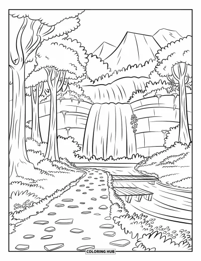 Coloriage de cascade pour enfants : Une grande cascade brille au bout d'un chemin forestier et d'un pont en bois