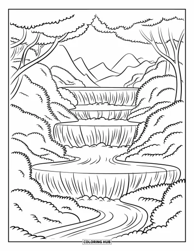 Coloriage de cascade pour enfants : Une grande cascade se déverse dans une rivière traversant une forêt luxuriante et paisible