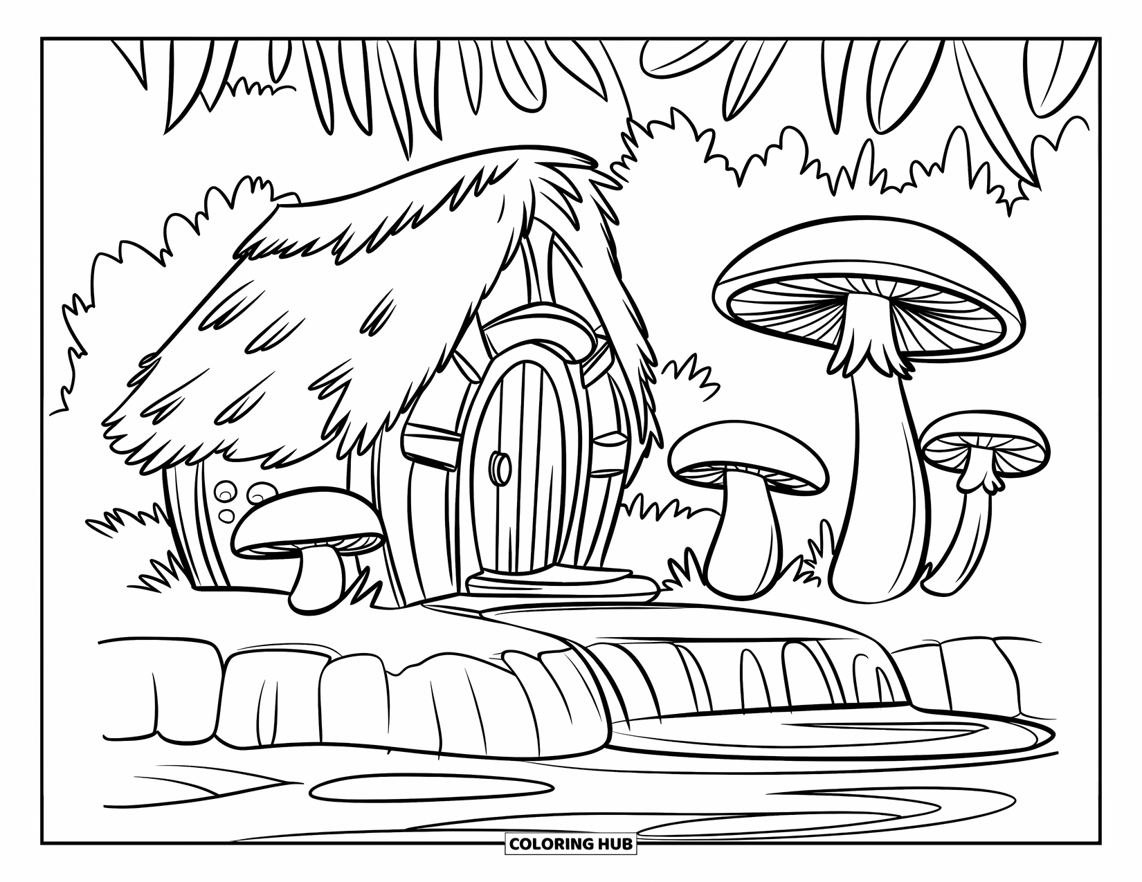 Waterfall Coloring Page for Kids: A tiny hut with mushrooms sits next to a smooth, flowing mini waterfall