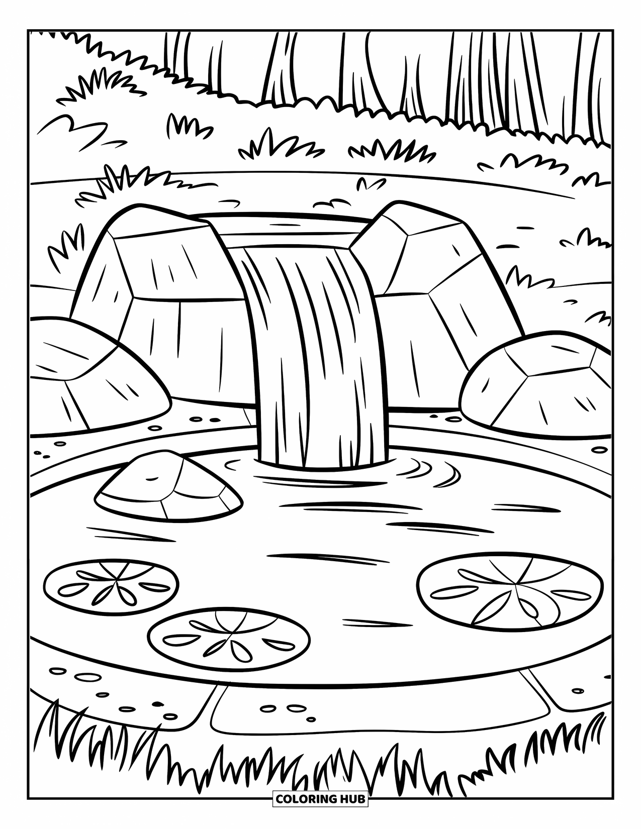 Waterfall Coloring Page for Kids: A tiny waterfall flows into a pond with big rocks and lily pads