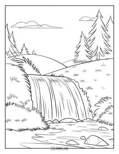 Coloriage de cascade pour enfants : Une cascade en gradins coule doucement le long d'une colline avec des sapins et des rochers