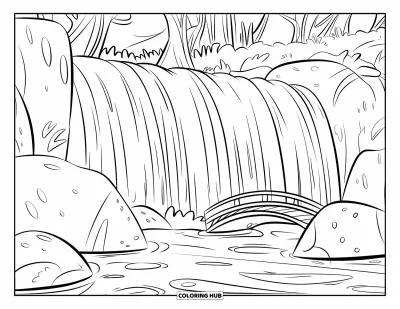 Coloriage de cascade pour enfants : Un pont en bois se trouve près d'une cascade brumeuse nichée dans une forêt paisible