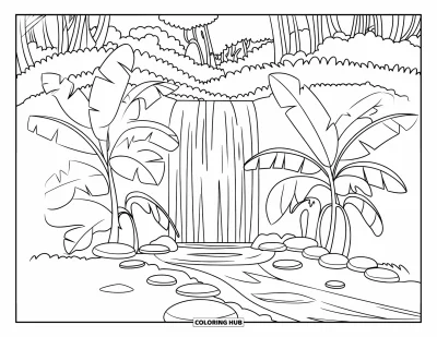 Coloriage de cascade pour enfants : Des feuilles de bananier et des pierres encerclent une cascade dans une forêt tropicale tranquille