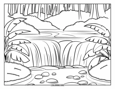 Coloriage de cascade pour enfants : Des feuilles de bananier et des pierres entourent une cascade tropicale et un petit ruisseau