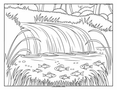 Coloriage de cascade pour enfants : Des eaux poissonneuses scintillent sous une douce cascade entourée d'herbes légères et d'arbres