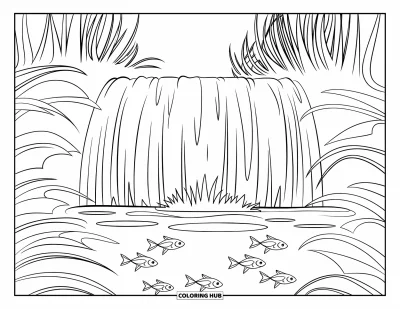 Coloriage de cascade pour enfants : Des poissons nagent dans un bassin paisible sous une cascade scintillante et de hautes herbes