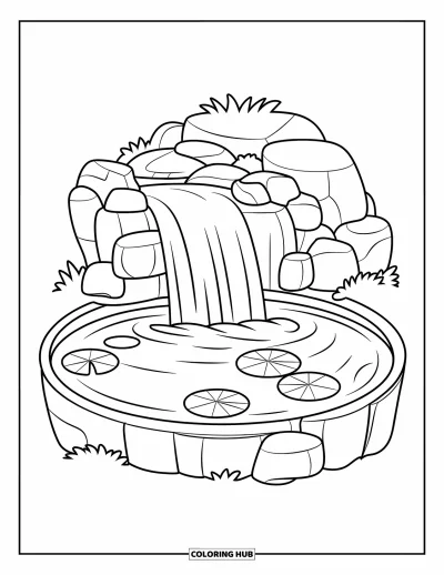 Coloriage de cascade pour enfants : Des nénuphars flottent dans un bassin rond sous une petite cascade apaisante